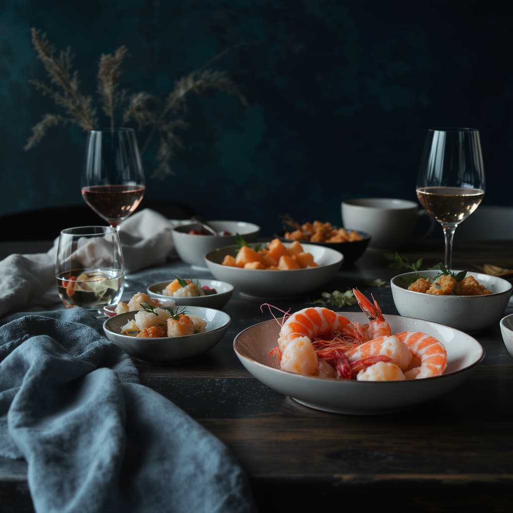 Tavolo per un aperitivo con piatti di pesce e calici